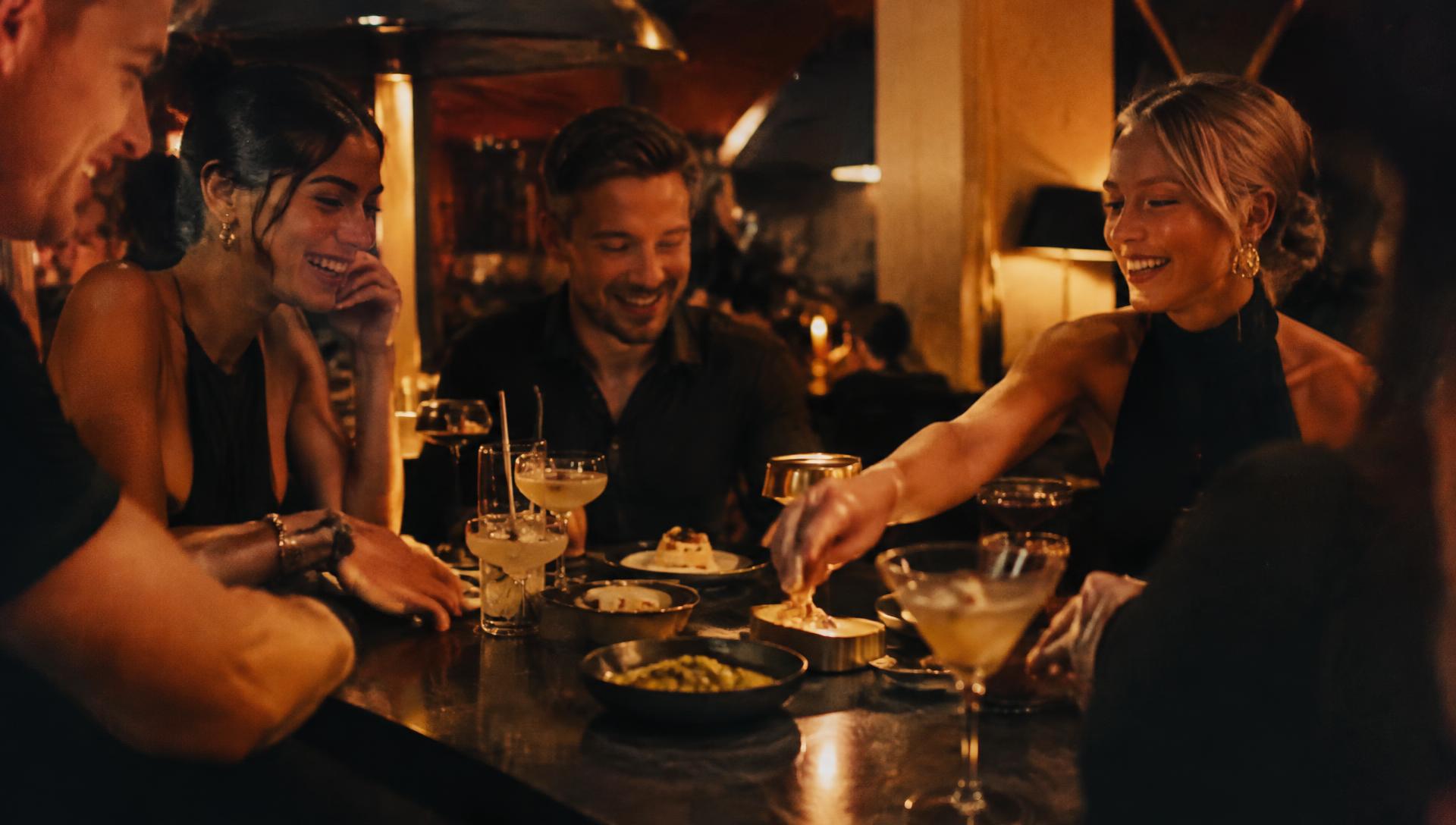 Friends sharing food and cocktails around a table at Dutch